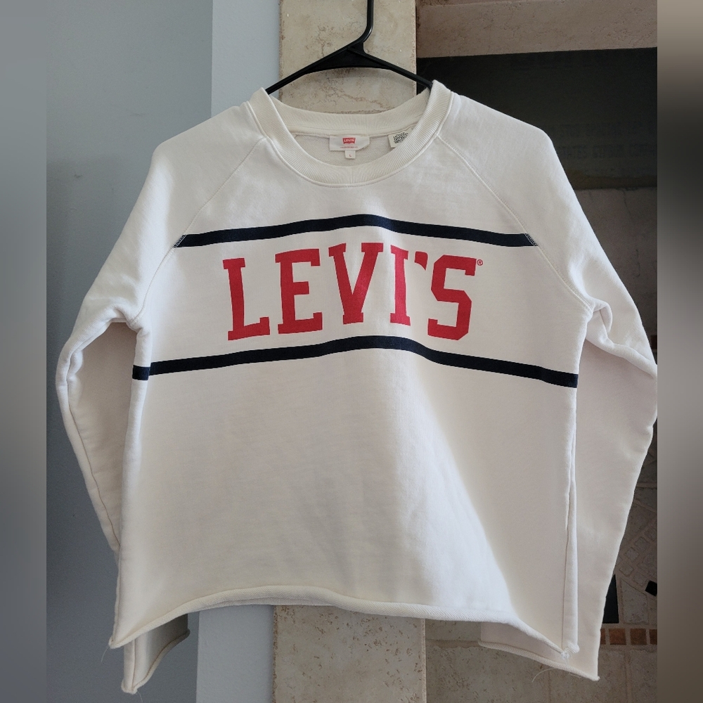 Levi's Womens Crop Top Cream Crewneck Sweatshirt Raw Hem Size Large